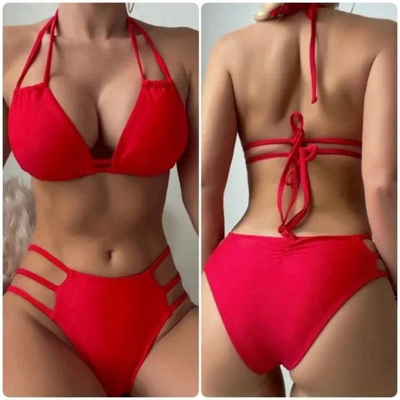 Red Halter Cut Out Bikini Set - Picture 1 of 9